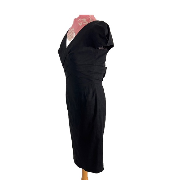 Rebecca Taylor Cross Front Pencil Formal Black Wool Linen Midi Dress button Up - Picture 3 of 8